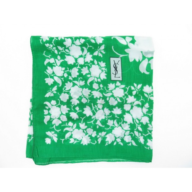 CHALE YVES SAINT LAURENT FLEURS MOUSSELINE COTON VERT FOULARD PAREO SWHAL 595€