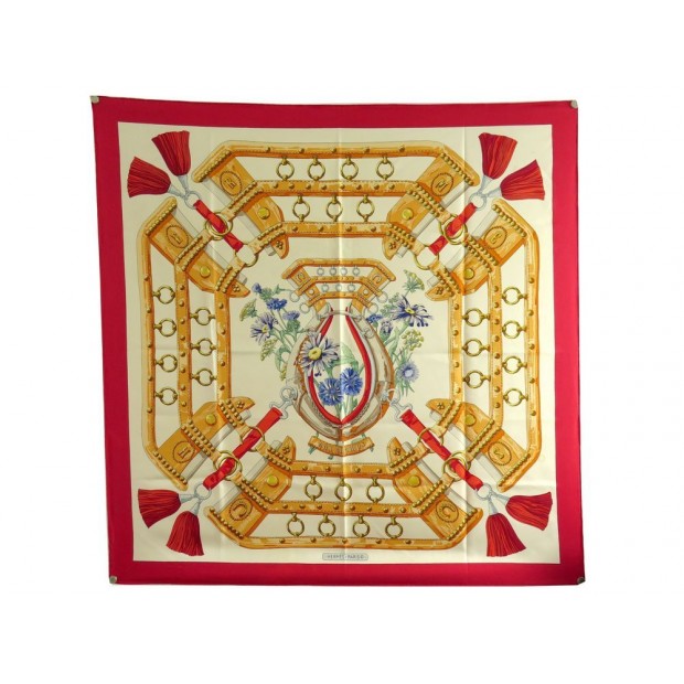 VINTAGE FOULARD HERMES AUX CHAMPS PAR CATY LATHAM EN SOIE ROUGE SILK SCARF 375€