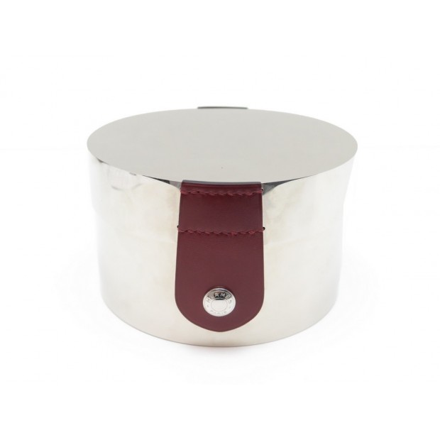 BOITE RONDE HERMES EN METAL ARGENTE & CUIR VEAU LISSE ROUGE + POCHON ROUND BOX