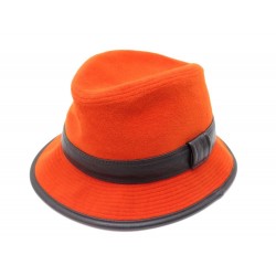 NEUF CHAPEAU HERMES 57 ANGORA LAINE ORANGE & CUIR NOIR BOB WOOL LEATHER HAT 555€