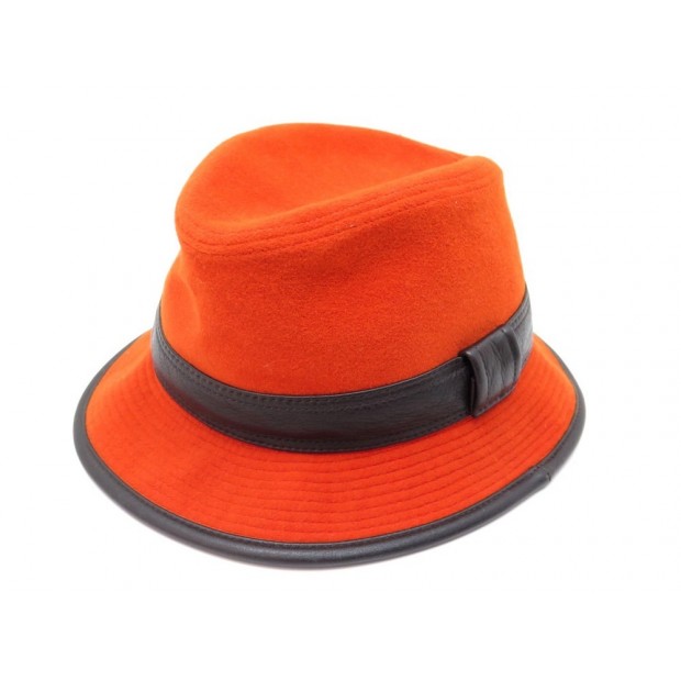 CHAPEAU BOB HERMES ORANGE ANGORA LAINE CUIR 