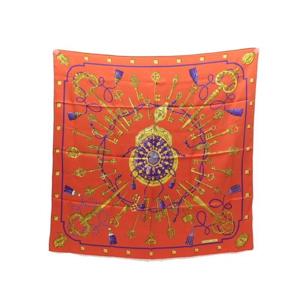 FOULARD HERMES LES CLES PAR CATHY LATHAM CARRE 90 EN SOIE ORANGE SILK SCARF 375€