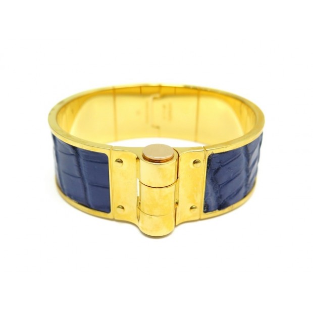 BRACELET HERMES CHARNIERE M 18CM METAL DORE ET CUIR CROCODILE BLEU JEWEL 700€