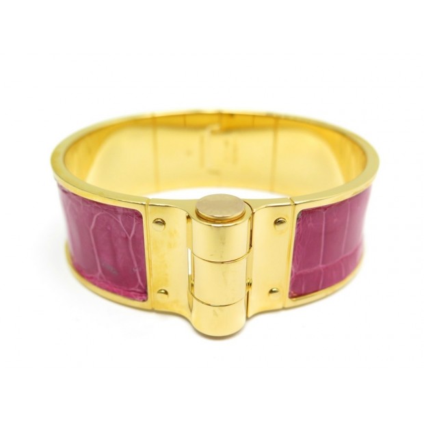 BRACELET HERMES CHARNIERE M 18CM METAL DORE ET CUIR CROCODILE ROSE JEWEL 700€