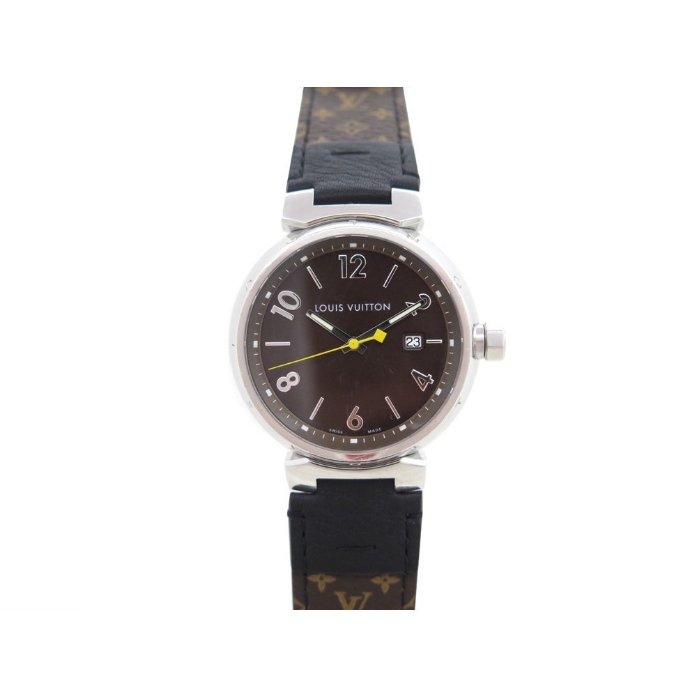 Pre-owned Louis Vuitton Tambour Quartz Brown Dial Men's Watch Q1111, Quartz Movement, Genuine Leather Strap, 39 mm Case in Brown