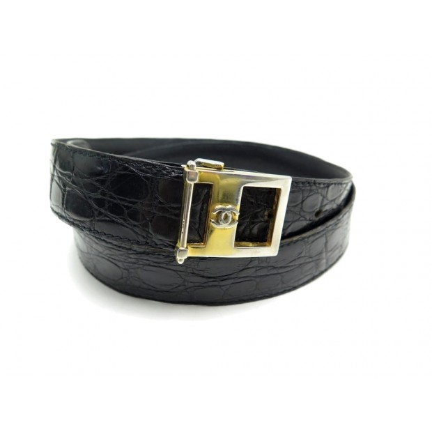 CEINTURE CHANEL BOUCLE LOGO CC T95 EN CUIR DE CROCODILE NOIR BLACK LEATHER BELT