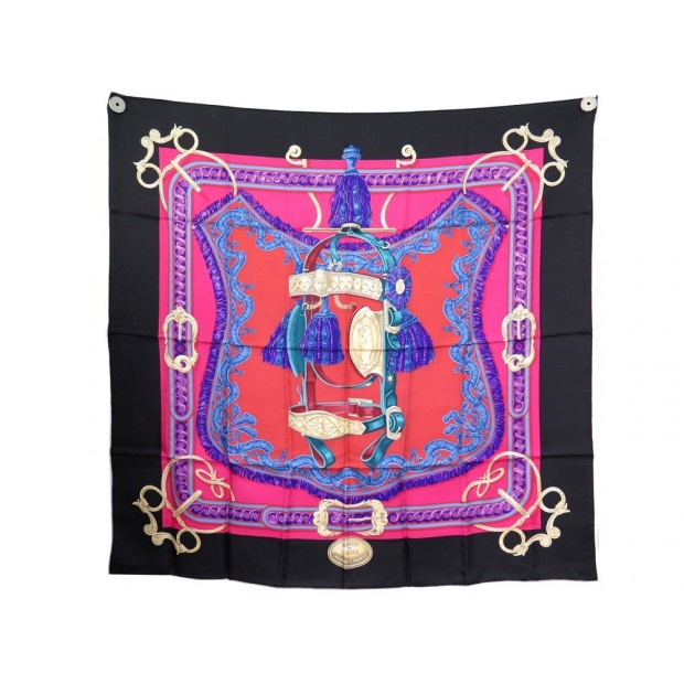 FOULARD HERMES BRIDE DE COUR CARRE 90 DE LA PERRIERE SOIE NOIR SILK SCARF 375€