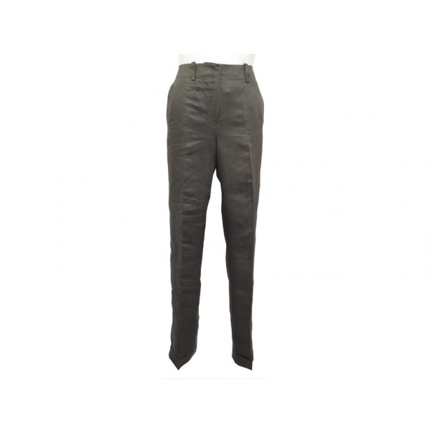 NEUF PANTALON DROIT HERMES 260410DP S 34 EN SATIN DE LIN BRONZE TROUSERS 575€