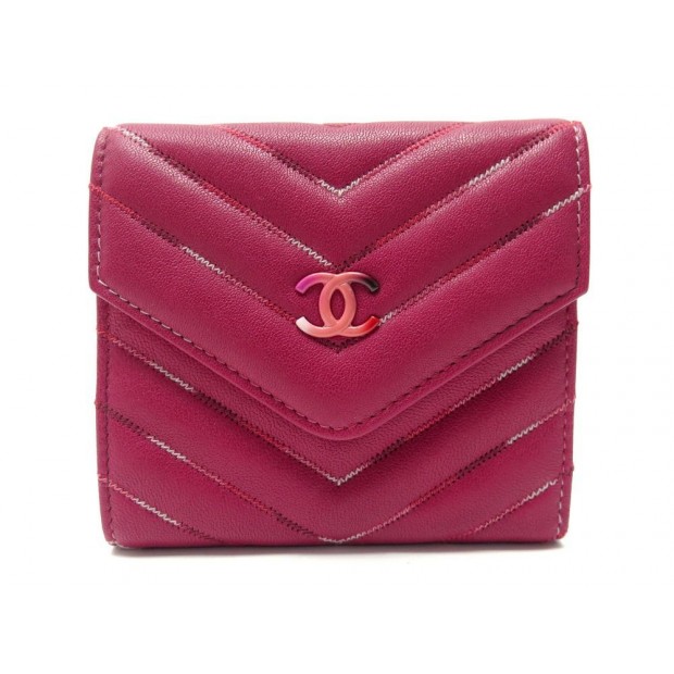 NEUF PORTEFEUILLE CHANEL LOGO CC PORTE MONNAIE CUIR BORDEAUX CHEVRON WALLET 650€