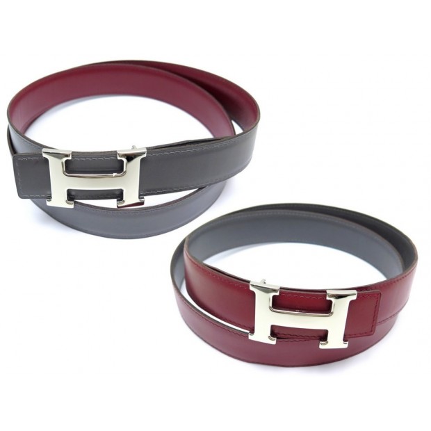 NEUF CEINTURE HERMES T105 BOUCLE H LIEN REVERSIBLE 32MM CUIR BOX GRIS ROUGE 640€