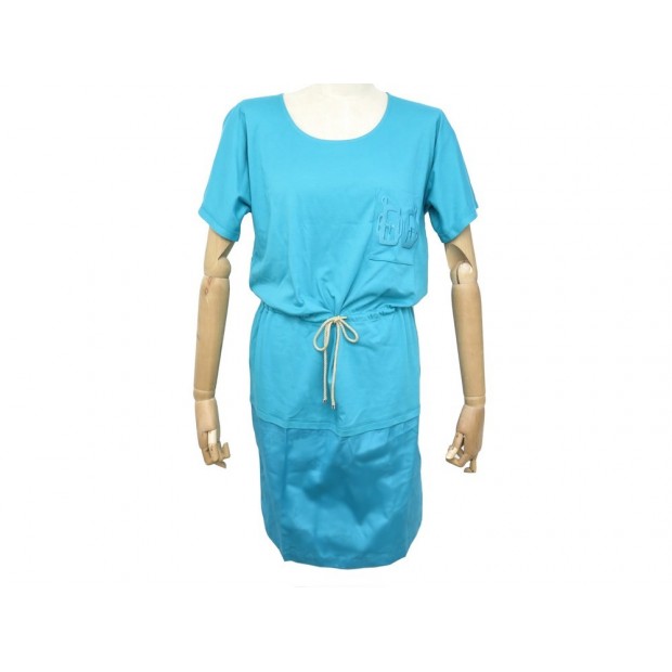 NEUF ROBE HERMES POCHE BRODEE BLEU EGEE TURQUOISE 