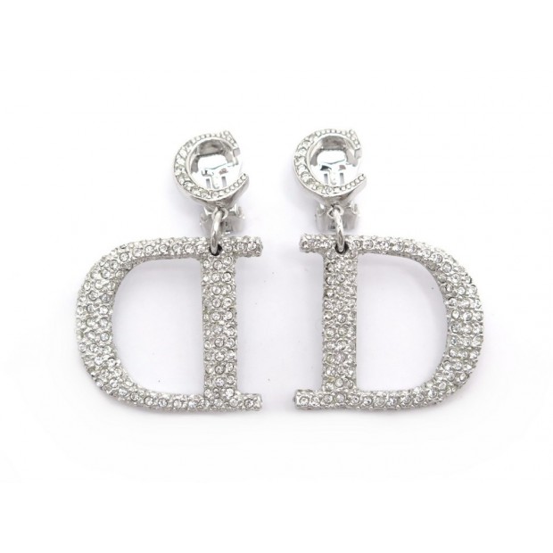 BOUCLES D'OREILLES DIOR LOGO CD DM METAL ARGENTE ET STRASS + BOITE EARRINGS 390€