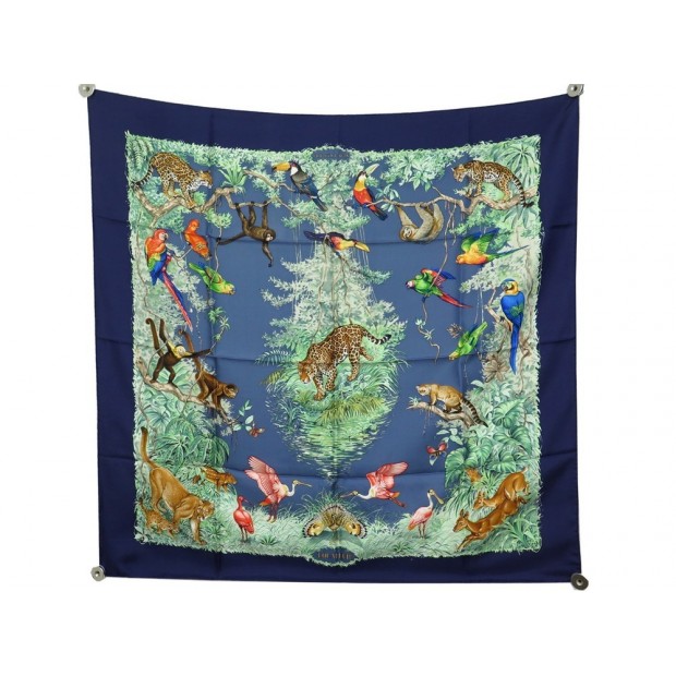 NEUF FOULARD HERMES EQUATEUR PAR ROBERT DALLET EN SOIE BLEU NEW SILK SCARF 375€