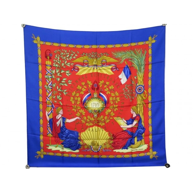 NEUF FOULARD HERMES 1789 LIBERTE EGALITE FRATERNITE JOACHIM METZ SOIE BLEU 375€