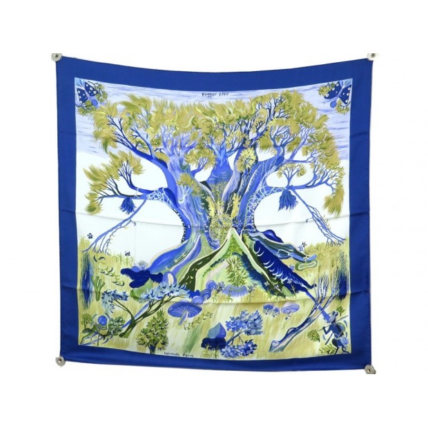 NEUF FOULARD HERMES KUGGOR TREE SEFEDIN KWUNI SOIE BLEU + BOITE SILK SCARF 375€