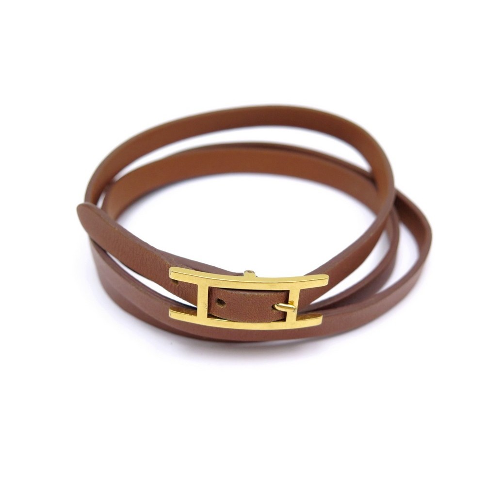 Hermes Hapi 3 Black Leather Gold Plated Wrap Bracelet M Hermes | TLC