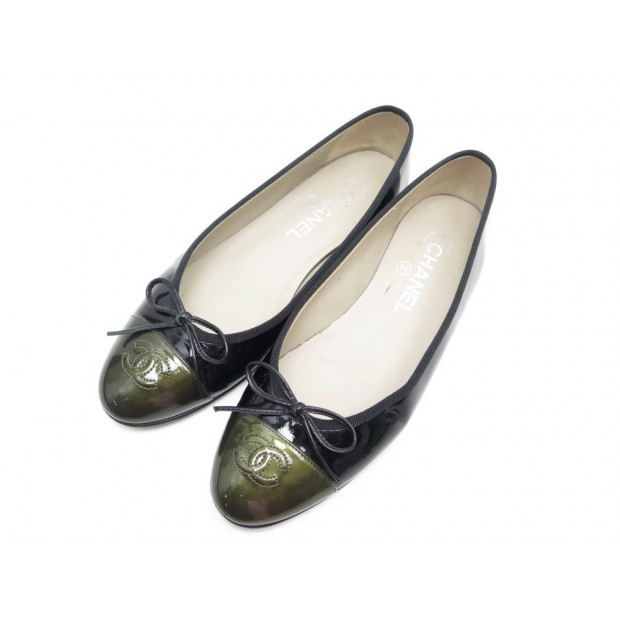 CHAUSSURES CHANEL BALLERINES LOGO CC G02819 38 CUIR VERNIS NOIR FLAT SHOES 640€