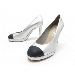 NEUF CHAUSSURES CHANEL ESCARPINS G30389 38.5 CUIR ARGENTE BOITE PUMP SHOES 920€