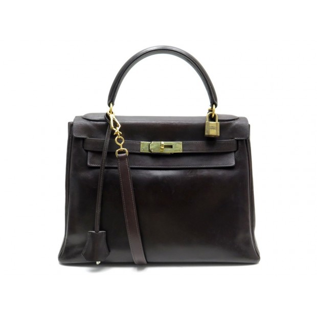 VINTAGE SAC HERMES KELLY 28 CUIR MARRON + BANDOULIERE 