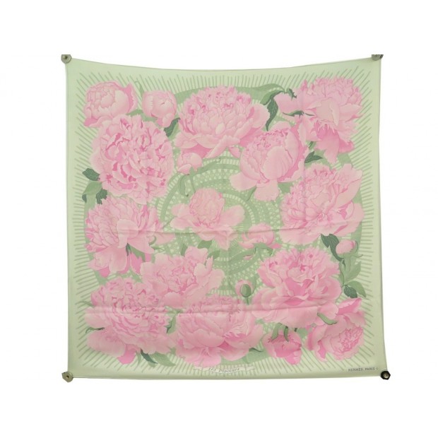 FOULARD HERMES LES PIVOINES SOIE VERT 