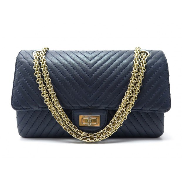 sac a main chanel 2.55 moyen cuir chevron bleu marine