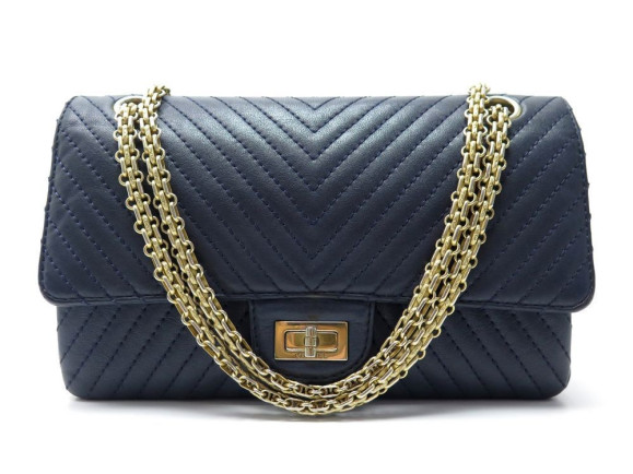 sac a main chanel 2.55 moyen cuir chevron bleu marine