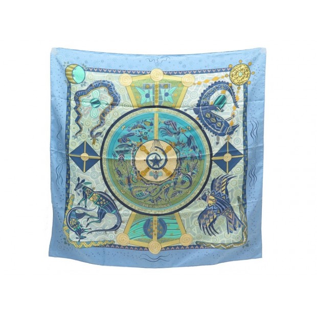 FOULARD HERMES REVE D'AUSTRALIE PAUWELS CARRE 90 SOIE BLEU BOITE SILK SCARF 375€