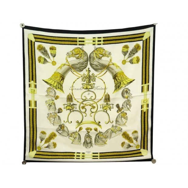 FOULARD HERMES PANACHE FANTAISIE PAR HUGO GRYGKAR EN SOIE JAUNE SILK SCARF 375€