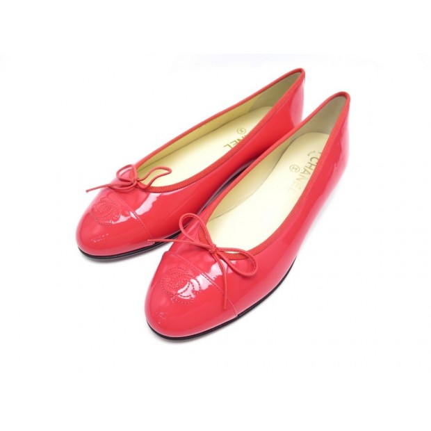 NEUF CHAUSSURES CHANEL BALLERINES LOGO CC 40 CUIR VERNIS CORAIL BOITE SHOES 640€