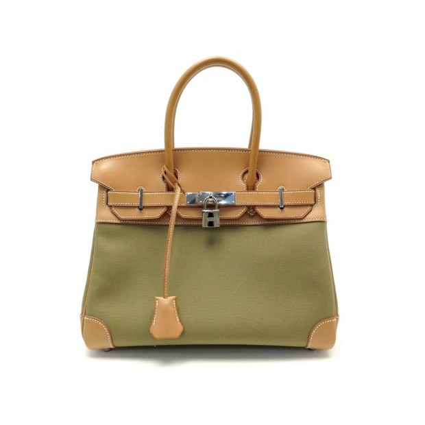 NEUF SAC A MAIN HERMES BIRKIN 30 CUIR VACHE NATUREL & TOILE OFFICIER KAKI PURSE