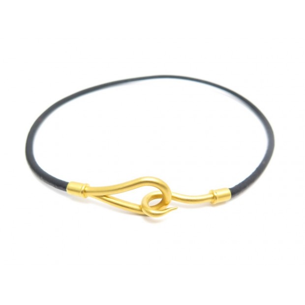 NEUF COLLIER HERMES JUMBO 38 CM CUIR NOIR PLAQUE OR BRACELET DOUBLE TOUR 261€