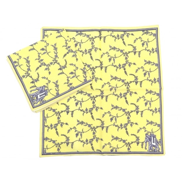 NEUF LOT DE 4 SERVIETTES DE TABLE HERMES ELEPHANT EN COTON JAUNE COTTON NAPKINS