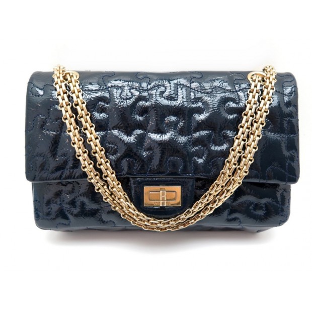 SAC A MAIN CHANEL 2.55 PUZZLE MM BANDOULIERE EN CUIR VERNIS BLEU HANDBAG 9700€