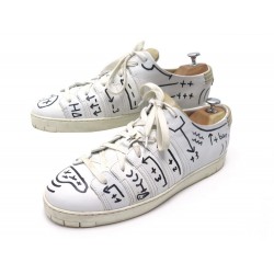 RARE CHAUSSURES CORTHAY GRAFFITI UNIQUE 10 44 BASKETS CUIR BLANC CUSTOM SNEAKERS