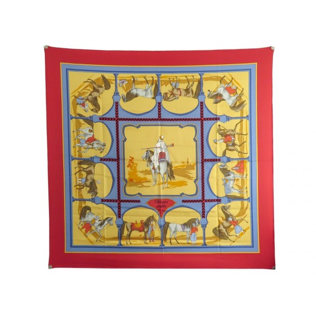 NEUF VINTAGE FOULARD HERMES CHEVAUX ARABES HUGO GRYGKAR EN SOIE ROUGE SCARF 375€