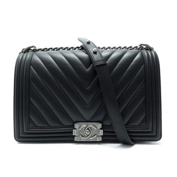 NEUF SAC A MAIN CHANEL GRAND BOY CHEVRON A92193 BANDOULIERE EN CUIR NOIR 4980€