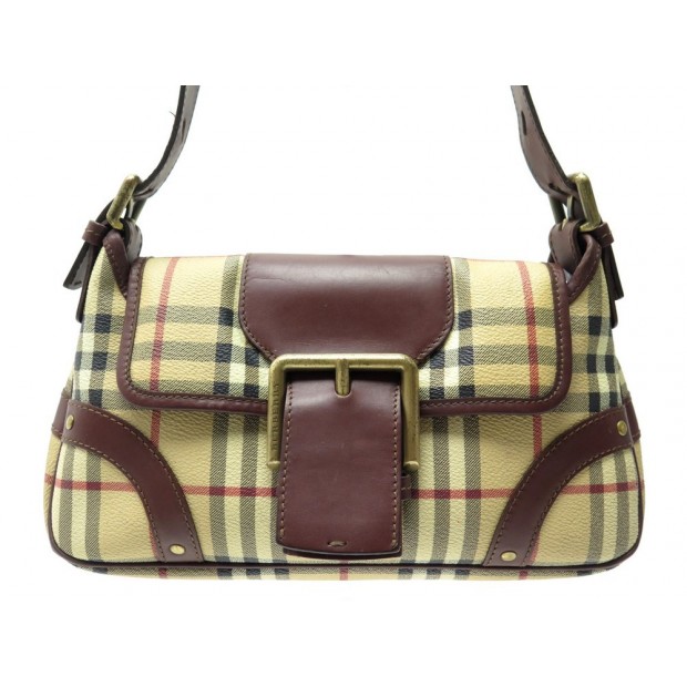 SAC A MAIN BURBERRY TOILE TARTAN MOTIF CHECK & CUIR MARRON CANVAS HAND BAG 790€