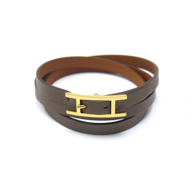 BRACELET HERMES HAPI 3 15-20 CM EN CUIR DE VEAU SWIFT ETOUPE & DORE + BOITE 295€