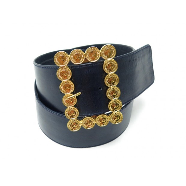 VINTAGE CEINTURE CHANEL LARGE MEDAILLONS COCO T 85 EN CUIR BLEU MARINE BELT 790€