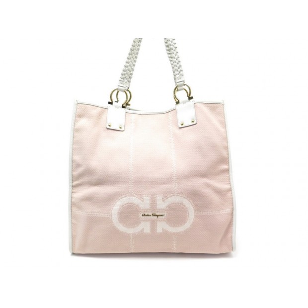 NEUF SAC A MAIN SALVATORE FERRAGAMO CABAS TOILE ROSE & CUIR CANVAS HAND BAG 895€