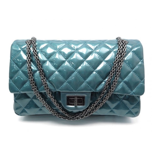 SAC A MAIN CHANEL MAXI 2.55 CUIR VERNIS MATELASSE BLEU PRUSSE + BOITE BAG 10900€