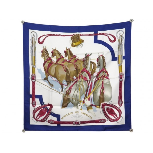 NEUF FOULARD HERMES ATTELAGE EN ARBALETE PAR LEDOUX SOIE BLEU + BOITE SCARF 375€