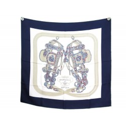 FOULARD HERMES BRIDES DE GALA BRODE MAIN CARRE 90 SOIE BLEU MARINE SCARF 375€