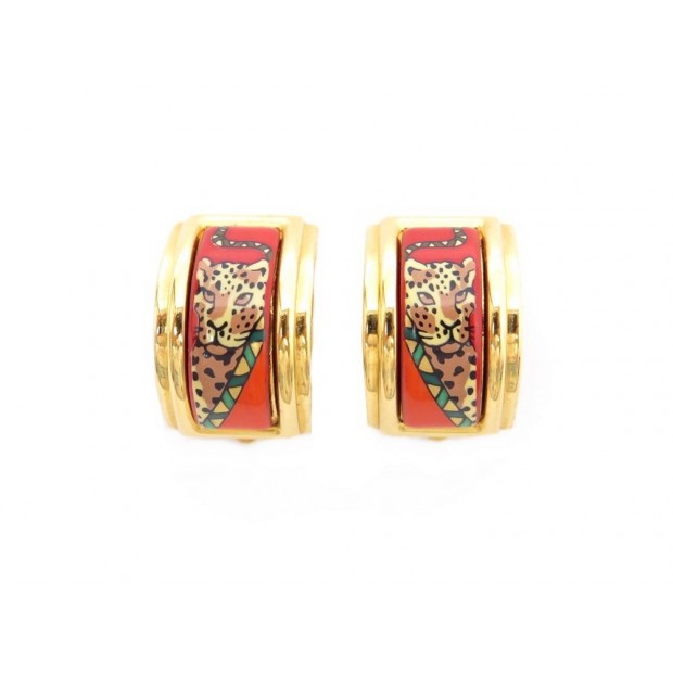 NEUF BOUCLES D'OREILLES HERMES EMAIL IMPRIME LEOPARD PLAQUE OR EARRINGS 500€