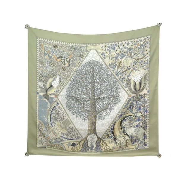 FOULARD HERMES AXIS MUNDI PAR CHRISTINE HENRY EN SOIE TAUPE SILK SCARF 375€