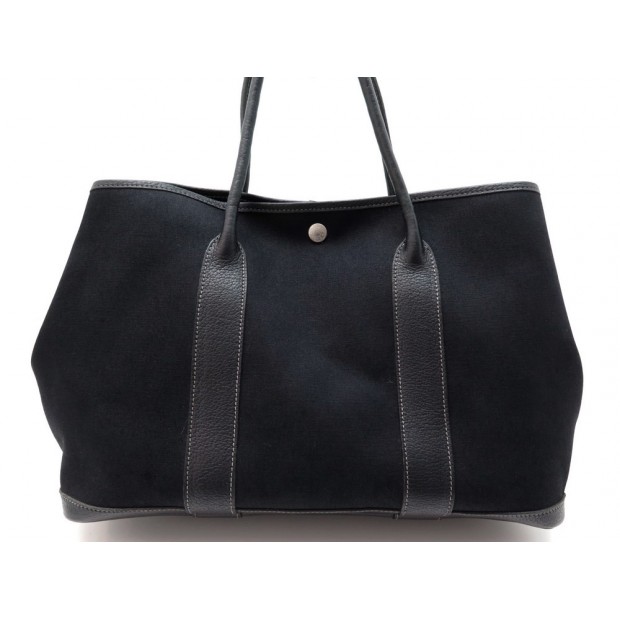 SAC A MAIN HERMES GARDEN PARTY 36 EN TOILE ET CUIR NOIR CANVAS HANDBAG 1780€