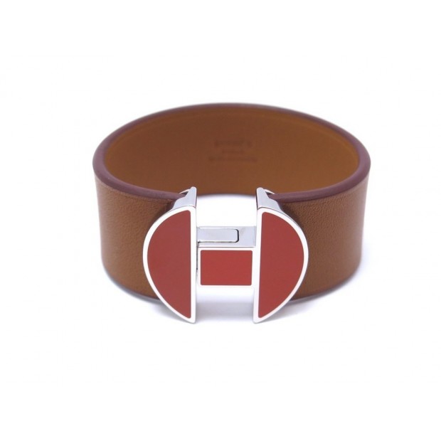 NEUF BRACELET HERMES 2002 MANCHETTE T15 EMAIL ROUGE ET CUIR TADELAKT MARRON 725€