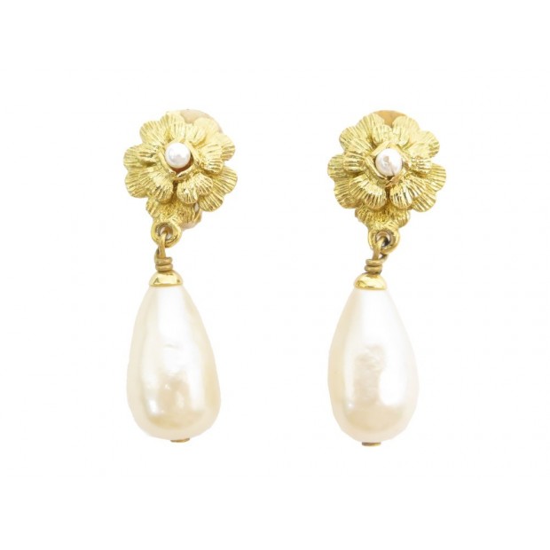 BOUCLES D'OREILLES CHANEL CAMELIA PENDANTES GOUTTE PERLES BOITE EARRINGS 570€