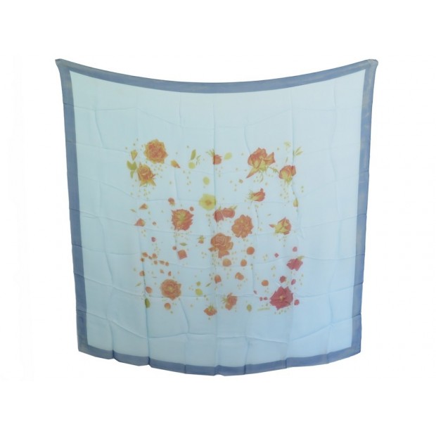 CHALE HERMES LA ROSEE FOULARD CARRE 140 EN MOUSSELINE DE SOIE BLEU SHAWL 780€