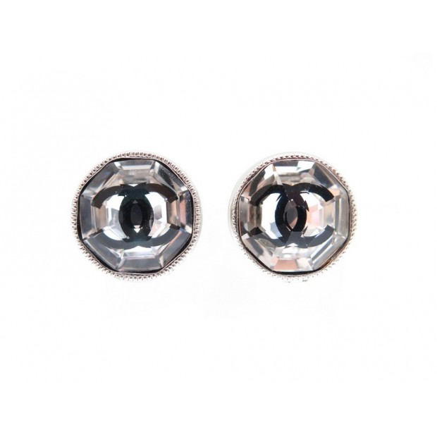 NEUF BOUCLES D'OREILLES CHANEL LOGO CC STRASS METAL ARGENTE NEW EARRINGS 460€